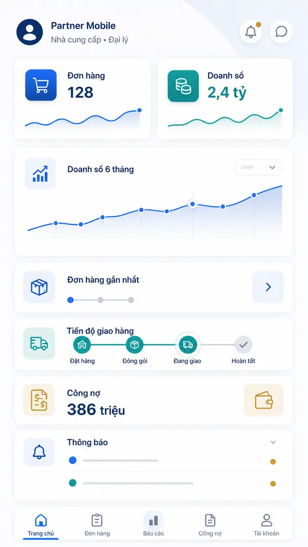 Ứng dụng Partner Mobile bằng tiếng Việt theo dõi đơn hàng, doanh số và công nợ