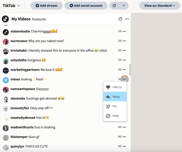 Replying to a TikTok comment in Hootsuite Streams