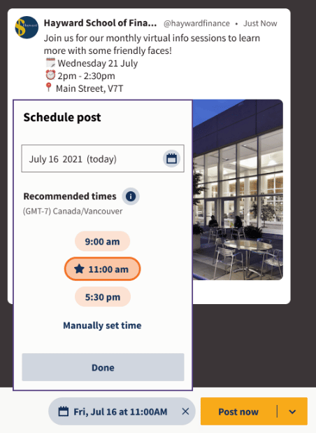 Recommended times to post in Hootsuite Composer